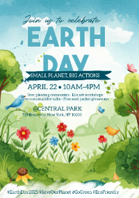 蓝天白云花朵水彩地球日邀请函